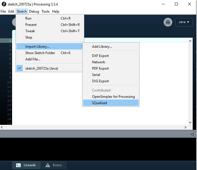 Screenshot of Processing sketch library import